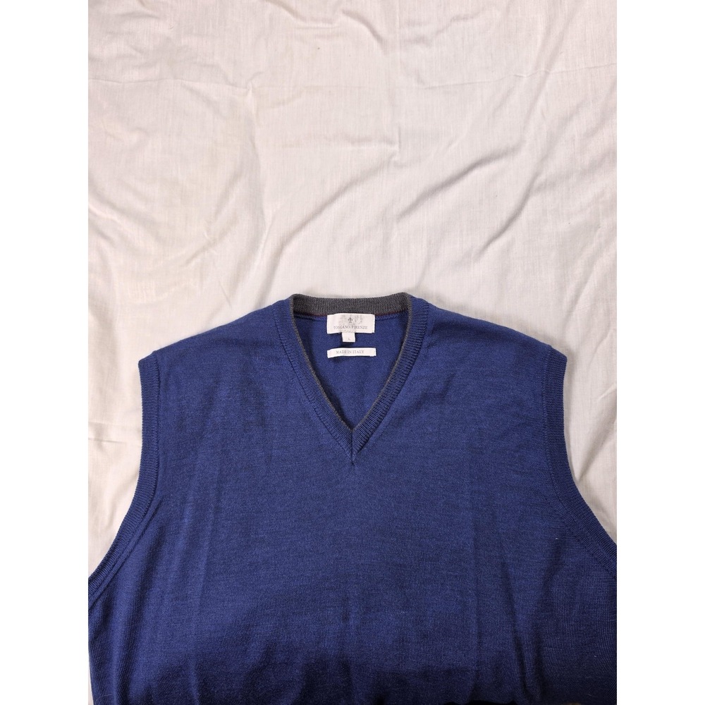 Toscano Firenze Sweater Vest Mens Large Blue 100% Merino Wool V Neck Knit Italy